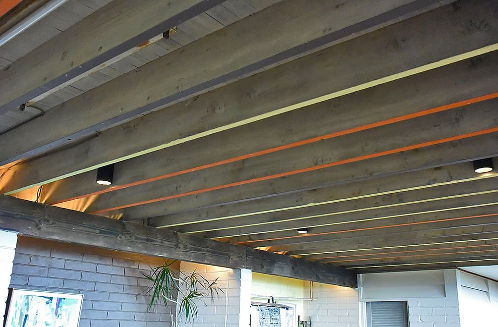 colorful beams downstairs at the Liljestrand House