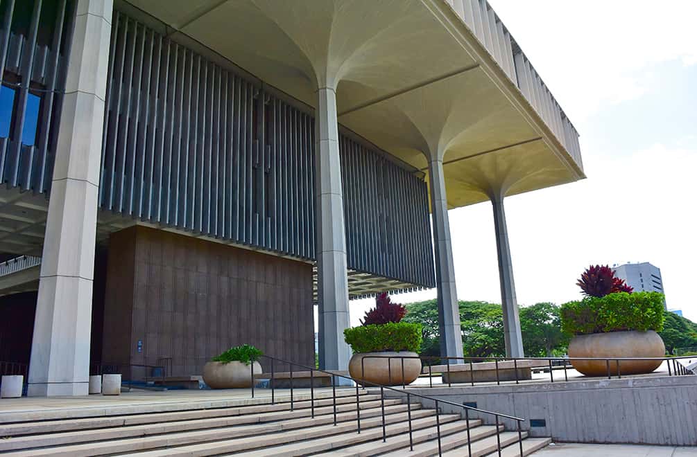 Hawaii state capitol palm tree shaped pillars on the Honolulu Architectural Walking Tour