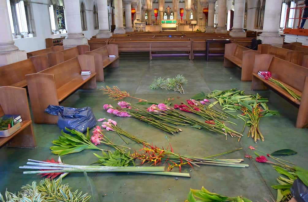 St. Andrew's cathedral with flowers, seen on the Honolulu Architectural Walking Tour